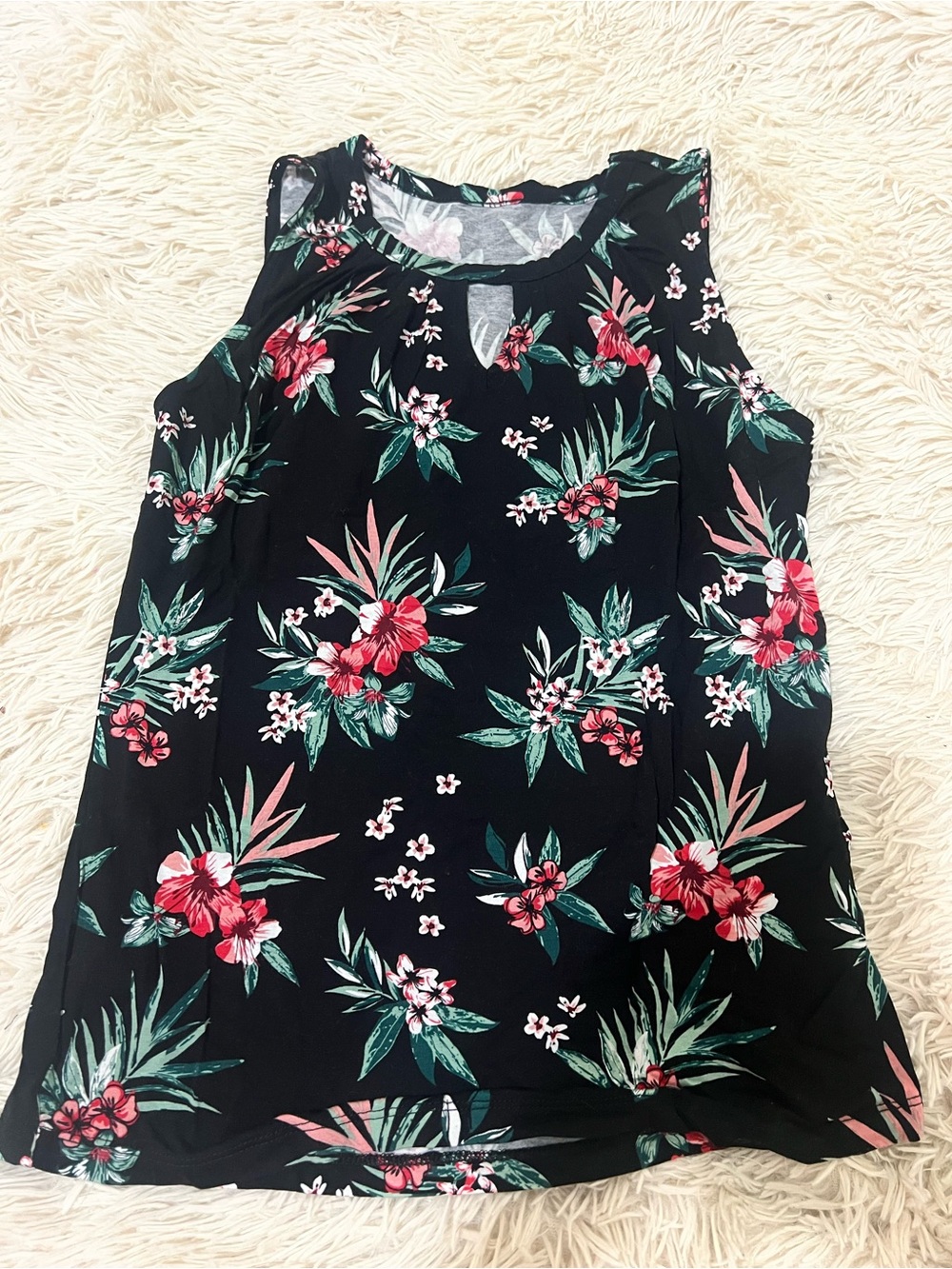 Black Floral Keyhole Tank Top with Pink & Green Print
